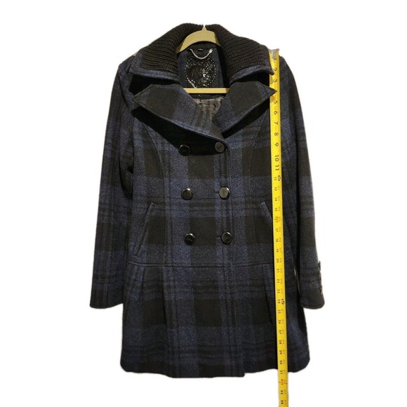 Guess Double-Breasted Skirted Navy & Black Plaid Wool Blend Pea Coat Size Small - Picture 4 of 10